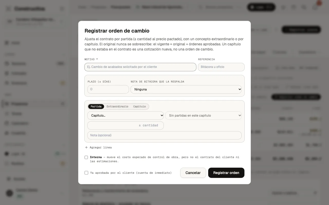 Diálogo para registrar una orden de cambio sobre un concepto del presupuesto de obra.