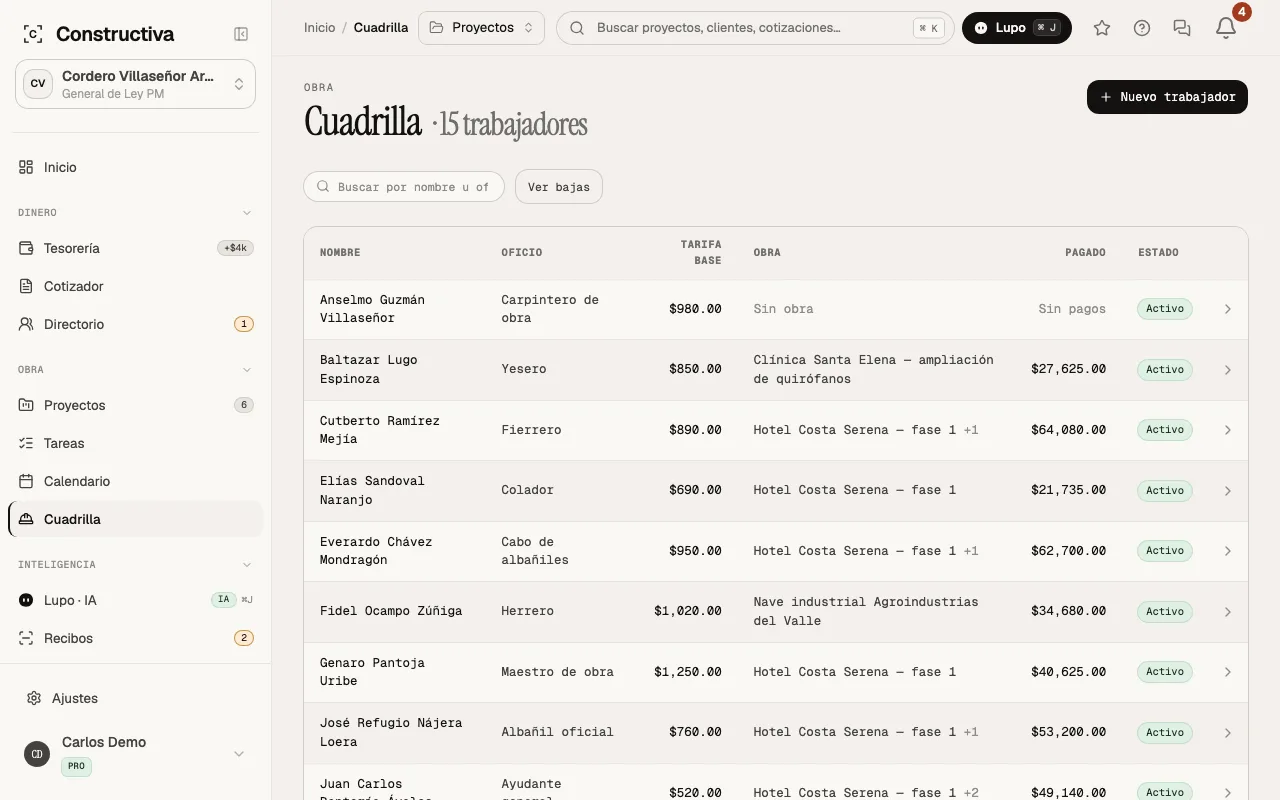 Lista de la cuadrilla de la empresa: cada trabajador con su oficio y su tarifa.