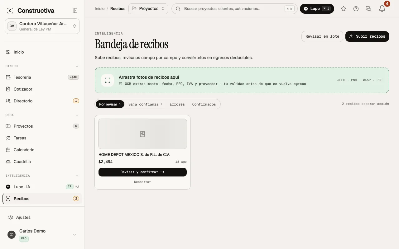 Bandeja de recibos: tarjetas con la miniatura de cada recibo, lo que se leyó y su estado.